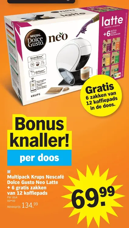 Promotie: Dolce Gusto Neo Latte + 6 gratis zakken van 12 koffiepads