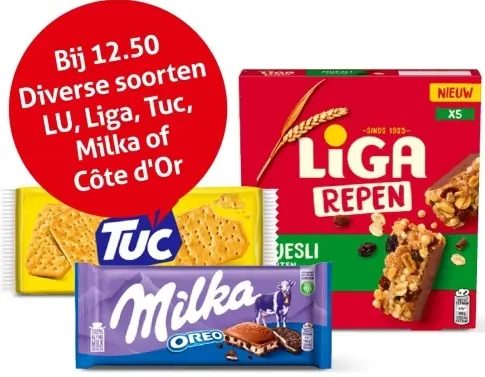 Aanbieding: Gratis bezorging bij diverse, zoals: LU, Liga, Tuc, Milka of Côte 