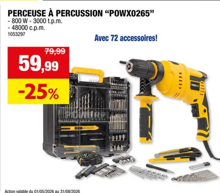 Offre: Powerplus POWX0265 perceuse à  percussion 800W + 72 accessoires