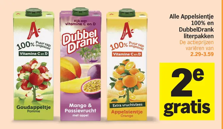 Aanbieding: Appelsientje 100% en DubbelDrank literpakken