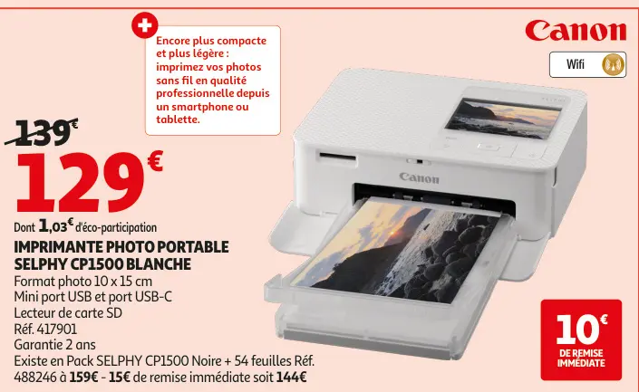 Promotie: Imprimante photo portable selphy cp1500 blanc