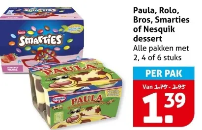 Aanbieding: Paula, Rolo, Bros, Smarties of Nesquik dessert