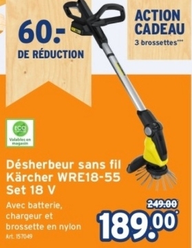 Offre: Désherbeur sans fil Kärcher WRE18-55 Set 18 V Avec batterie , chargeur et brossette en nylon Art . 157049