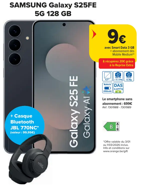 Offre: Galaxy S25FE 5G 128 GB + Casque Bluetooth JBL 770NC