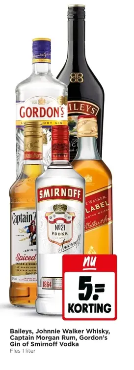 Aanbieding: Baileys, Johnnie Walker Whisky, Captain Morgan rum, Gordon's Gin of Smirnoff Vodka