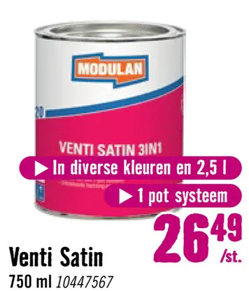 Aanbieding: MODULAN 6120 Venti Satin 3-in-1 zijdeglans lak zuiver wit RAL 9010 750 ml