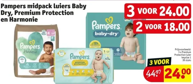Promotie: Pampers midpack luiers Baby Dry, Premium Protection en Harmonie