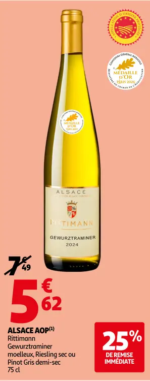 Offre: Rittimann Alsace AOP Gewurztraminer moelleux, Riesling sec ou Pinot Gris demi-sec