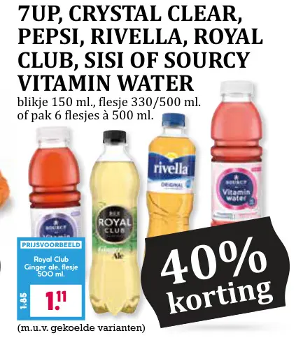 Aanbieding: Diverse frisdranken, zoals: 7up, Chrystal Clear, Pepsi, Rivella, Royal Club, Sisi of Sourcy Vitamin Water