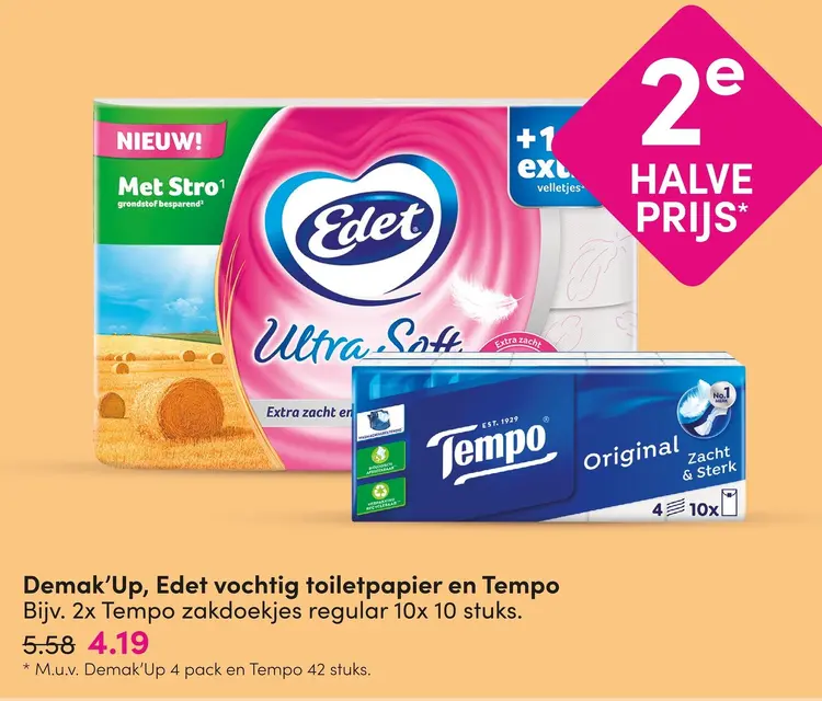 Aanbieding: Demak'Up, Edet vochtig toiletpapier en Tempo