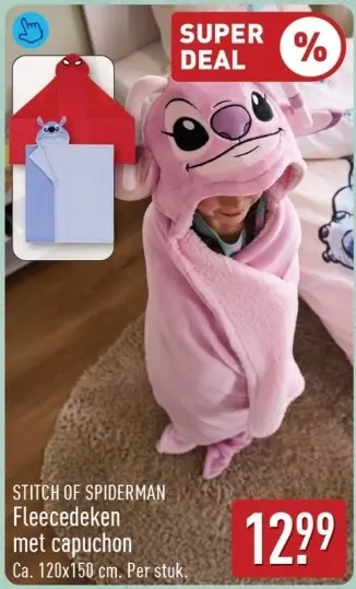 Aanbieding: STITCH OF SPIDERMAN Fleecedeken met capuchon