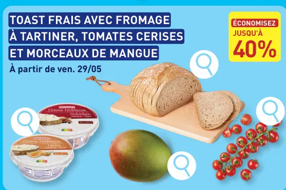 Offre: Toast frais avec fromage à tartiner, tomates cerises et morceaux de mangue