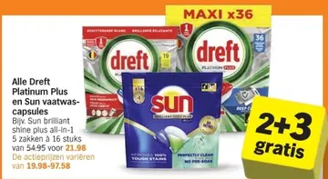Aanbieding: Alle Dreft Platinum Plus en Sun vaatwascapsules