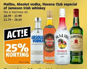 Aanbieding: Malibu, Absolut vodka, Havana Club especial of Jameson Irish whiskey