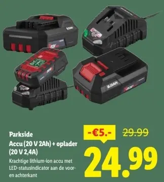 Aanbieding: Accu (20 V 2Ah) + oplader (20 V 2,4A)