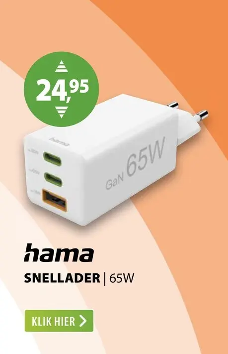 Aanbieding: Hama Fast Charger 2x USB-C PD 1x USB-A QC Mini-Charger 65 W Wit