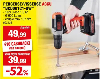 Offre: Black+Decker BCD001C1-QW perceuse-visseuse sans fil 18V Li-Ion + chargeur