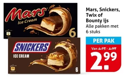 Aanbieding: Mars, Snickers, Twix of Bounty ijs