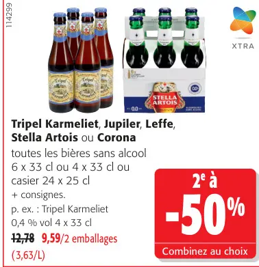 Offre: Tripel Karmeliet, Jupiler, Leffe, Stella Artois ou Corona