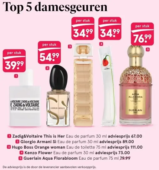 Aanbieding: Damesgeuren van Zadig&Voltaire, Giorgio Armani, Hugo Boss, Kenzo Flower of Guerlain
