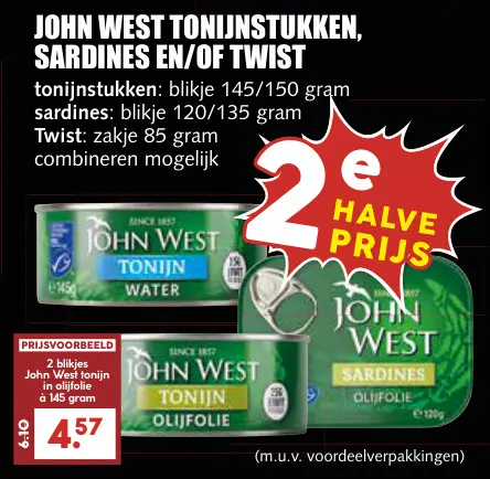 Aanbieding: John west tonijnstukken, sardines en/of twist