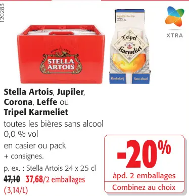 Offre: Stella Artois, Jupiler, Corona, Leffe ou Tripel Karmeliet toutes les bières sans alcool
