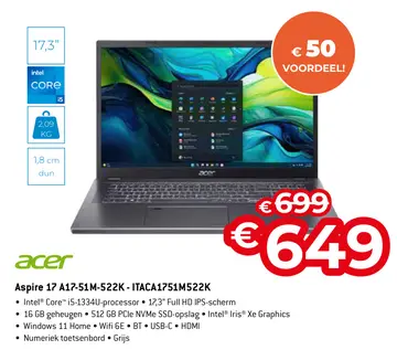 Aanbieding: Aspire 17 A17-51M-522K - ITACA1751M522K