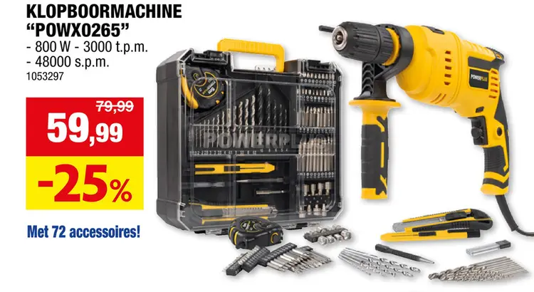 Promotie: Powerplus POWX0265 klopboormachine 800W + 72 accessoires