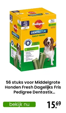 Aanbieding: 56 stuks voor Middelgrote Honden Fresh Dagelijks Fris Pedigree Dentastix Hondensnacks