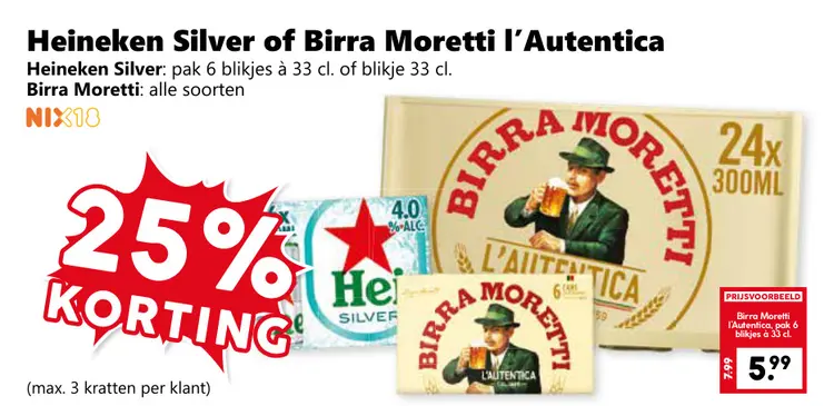 Aanbieding: Heineken Silver or Birra Moretti l'Autentica