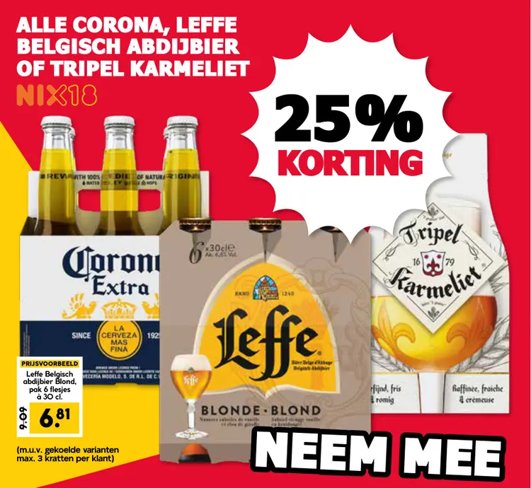 Aanbieding: Alle Corona, leffe Belgisch abdijbier of tripel karmeliet