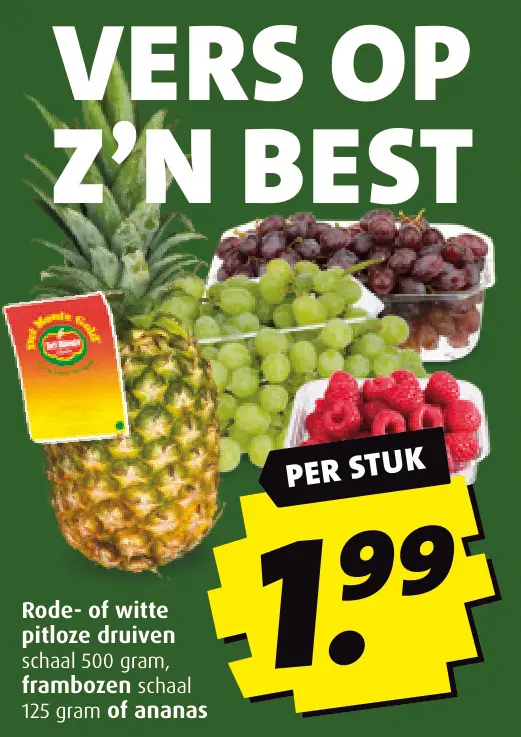 Aanbieding: Rode- of witte pitloze druiven, frambozen of ananas
