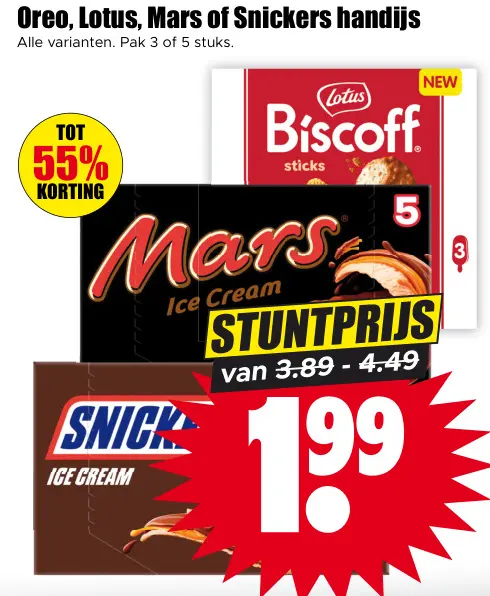 Aanbieding: Oreo, Lotus, Mars of Snickers handijs