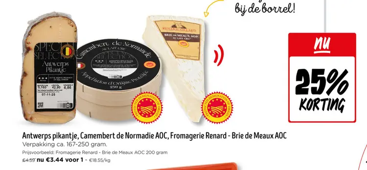Promotie: Antwerps pikantje, Camembert de Normadie AOC, Fromagerie Renard, Brie de Meaux AOC