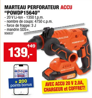 Offre: Powerplus Dual Power POWDP15630 marteau-perforateur sans fil 20V + batterie et chargeur