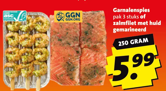 Aanbieding: Garnalenspies of zalmfilet met huid gemarineerd