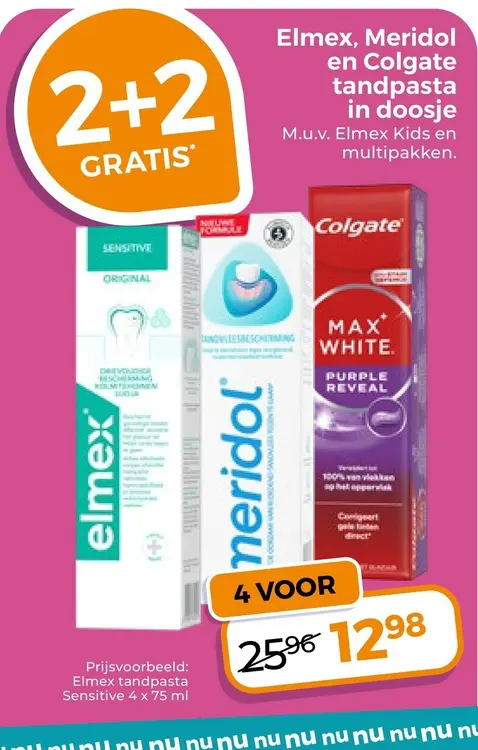 Aanbieding: Elmex, Meridol en Colgate tandpasta in doosje