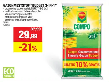 Promotie: Compo Budget gazonmeststof 20kg + 10% gratis