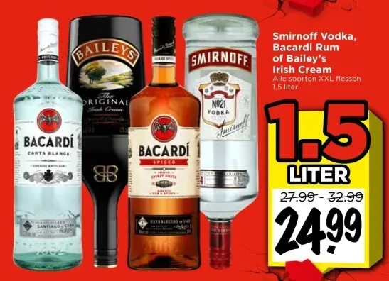 Aanbieding: Smirnoff Vodka, Bacardi Rum of Bailey's Irish cream