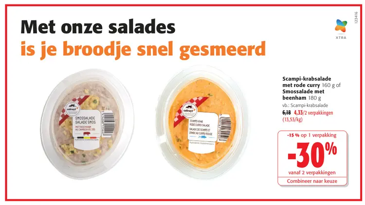 Promotie: Scampi-krabsalade met rode curry of Smossalade met beenham
