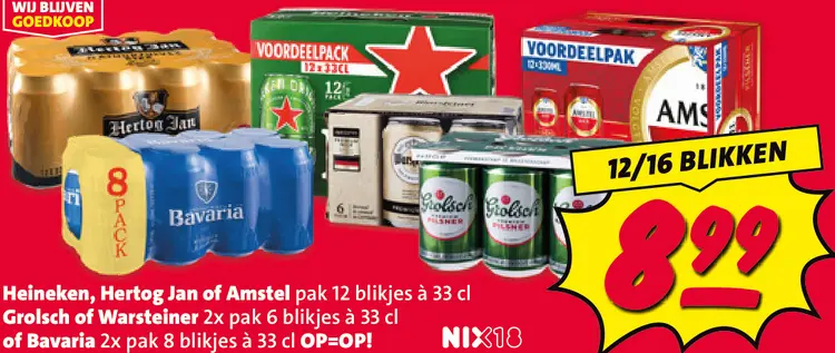 Aanbieding: Heineken, Hertog Jan of Amstel pak 12 blikjes à 33 cl Grolsch of Warsteiner 2x pak 6 blikjes à 33 cl of Bavaria 2x pak 8 blikjes à 33 cl