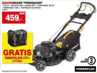 Promotie: Powerplus POWXG60300 benzine grasmaaier zelftrekkend 224cc 56cm