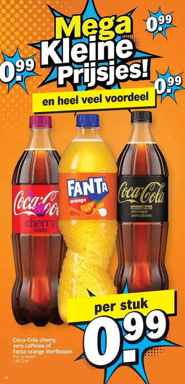 Promotie: Coca-Cola cherry, zero caffeine of Fanta orange literflessen