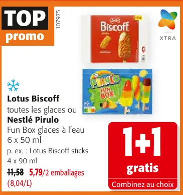 Offre: Lotus Biscoff toutes les glaces ou Nestlé Pirulo