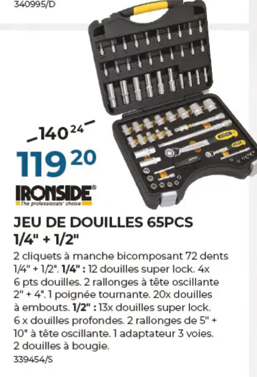 Offre: Jeu de douilles 65pcs 1/4" + 1/2"