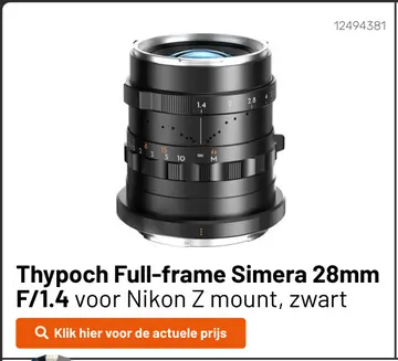 Aanbieding: Thypoch Full-frame Simera 28mm F/1.4 voor Nikon