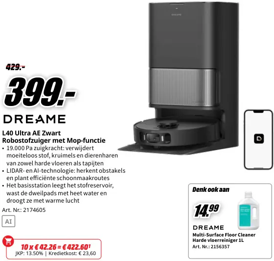 Promotie: Dreame L40 Ultra AE Zwart Robotstofzuiger met