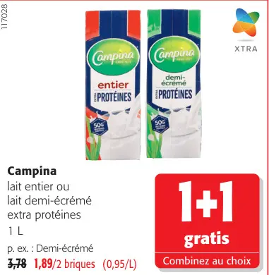 Offre: Lait entier ou lait demi-écrémé extra protéines