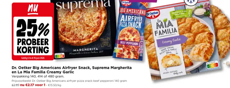 Promotie: Big Americans Airfryer Snack, Suprema Margherta en La Mia Familia Creamy Garlic