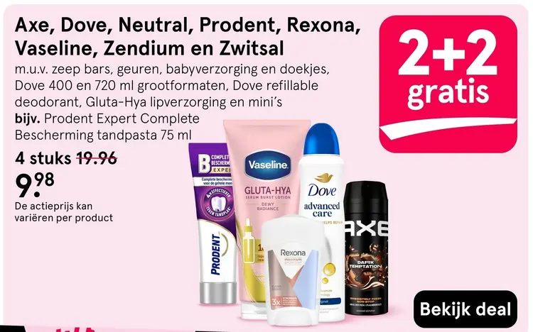 Aanbieding: Axe, Dove, Neutral, Prodent, Rexona, Vaseline, Zendium en Zwitsal